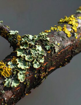 Close-up of a rough tree branch adorned with vibrant green and yellow lichen