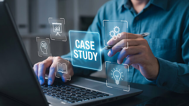 Professional analyzing a business case study on a laptop with holographic icons