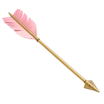 Golden Cupid arrow with pink feathers isolated on transparent background