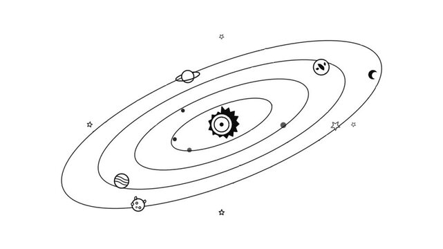 Animated solar system line art with planets orbiting central sun in minimalist animation