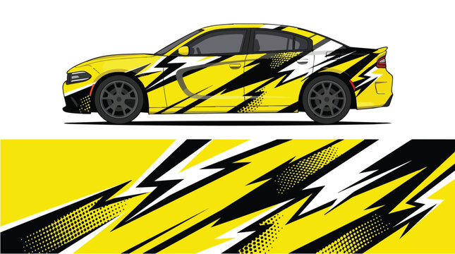 Car Wrap Design with Aggressive Lightning Decal in Yellow and Black