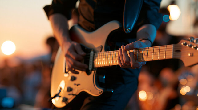 Guitar band silhouette on an outdoor stage at sunset, horizon backdrop, outdoor live music event focusing on an electric guitarist, with copy space