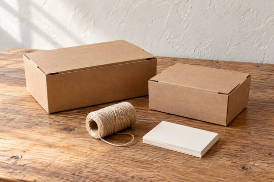 Blank kraft takeaway boxes prepared on a small business table