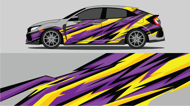 Car Wrap Design with Dynamic Zigzag Livery in Purple and Yellow