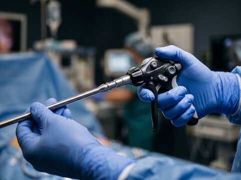 close-up of a surgeon's gloved hands holding a modern laparoscopic surgical instrument, long precision stainless steel shaft and ergonomic handle, blue nitrile gloves, sterile operating room