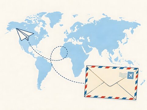 Paper plane flying over world map with air mail envelope for World post day 