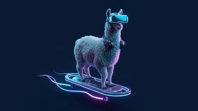 A fluffy llama wearing a VR headset and headphones rides a glowing neon hoverboard through a dark digital space with cyberpunk lighting.