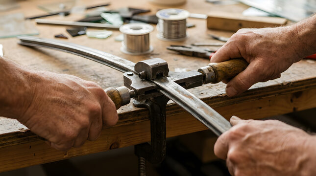 Skilled artisan crafting stained glass art, using professional metal stretching tool on rustic wooden workbench with solder spools in workshop background, natural lighting, commercial crafts concept