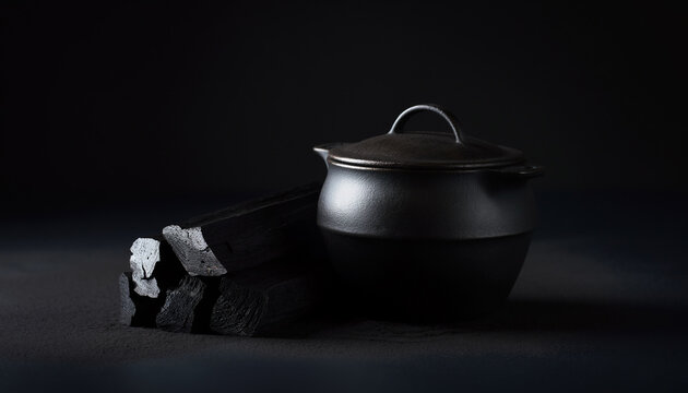 黒い背景に置かれた蓋付き鋳鉄鍋と木炭