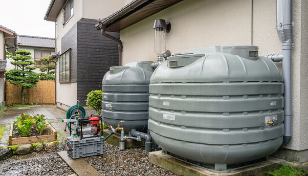 住宅脇に設置された大型雨水貯留タンクと給水ポンプ