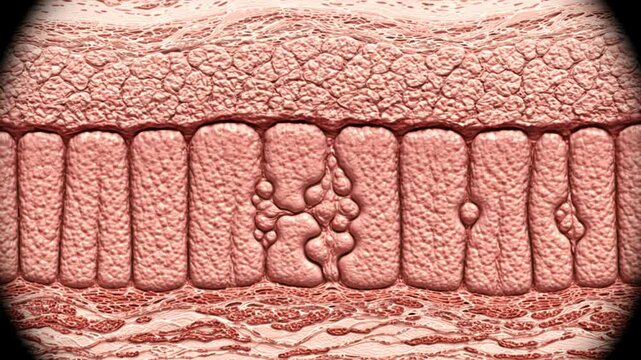 Healthy esophageal lining toward chronic Barrett's esophagus, beginning with organized stratified squamous epithelial cells and healthy underlying connective tissue