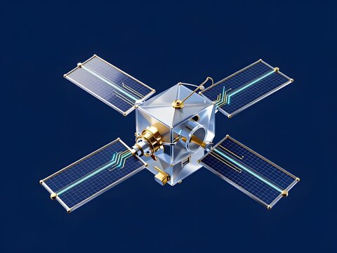 Abstract 3D render of a futuristic communications satellite and global data network asset. Minimalist translucent crystal glass satellite with solid gold circuit paths on a navy background.
