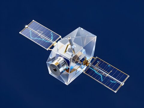 Abstract 3D render of a futuristic communications satellite and global data network asset. Minimalist translucent crystal glass satellite with solid gold circuit paths on a navy background.
