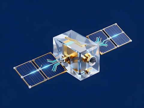 Abstract 3D render of a futuristic communications satellite and global data network asset. Minimalist translucent crystal glass satellite with solid gold circuit paths on a navy background.
