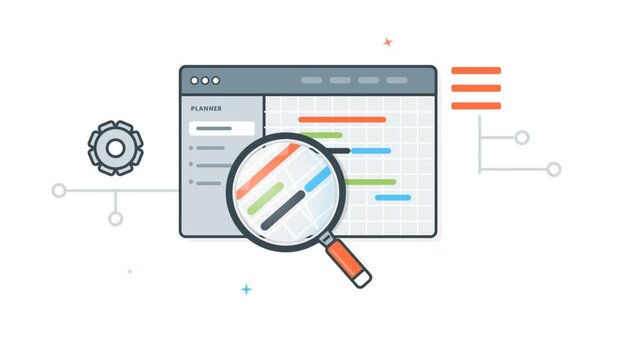Animated software project planner interface with magnifying glass schedule