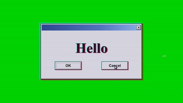 Retro computer dialog window with glitch effect and cursor clicking ok button on green screen