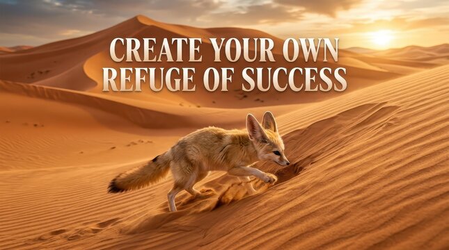 Fennec fox climbing sand dune in desert at sunset, symbolizing perseverance and creating success