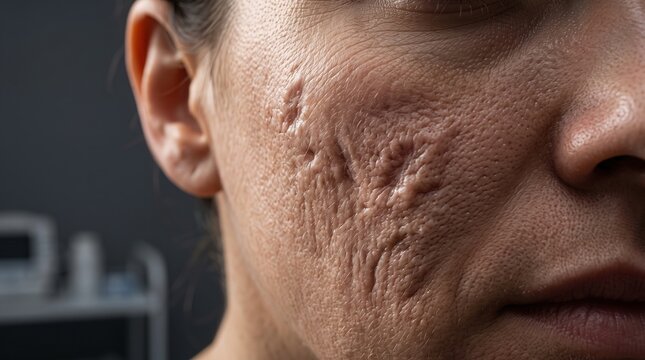 Close up of severe ice pick and boxcar acne scars on a person's cheek
