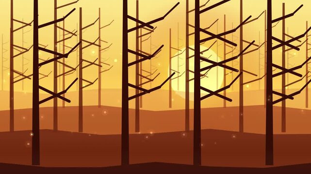 Abstract Sunset Forest Background with Flying Fireflies