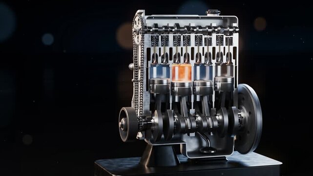 Cutaway of a four-cylinder car engine running in slow motion, with pistons, valves, crankshaft, timing chain and combustion flashes on a dark background, seamless loop