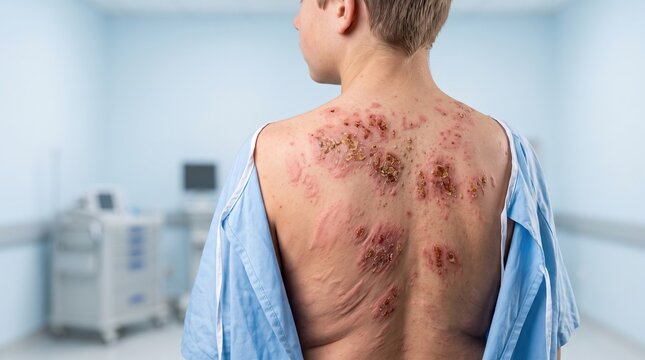 Patient in hospital gown with severe crusted herpes zoster shingles or bullous impetigo on the back