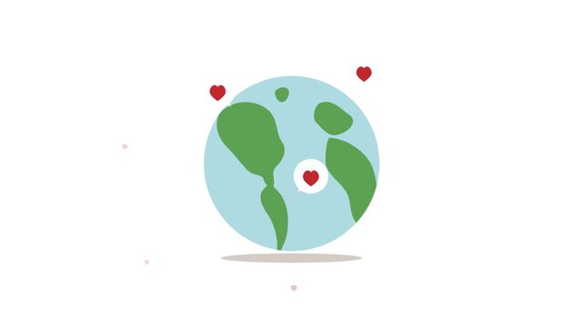 Animated stylized globe with floating red hearts on white background