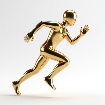 Golden 3D human figure runs fast on white background. Shiny metallic man sprint in motion. Abstract athlete symbol represents speed, success, progress. Dynamic gold person concept for fitness, sport