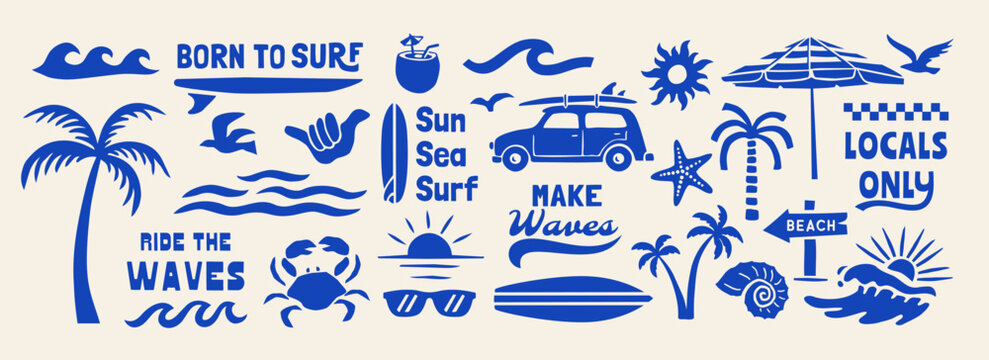 Retro beach and surf vector collection featuring waves, palm trees, surfboards, beach umbrellas, sun, tropical icons, coastal typography, and summer vacation elements.