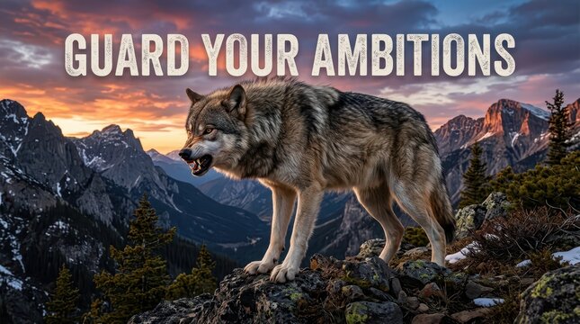 Fierce wolf standing on a rocky mountain peak at sunset, guarding its ambitions