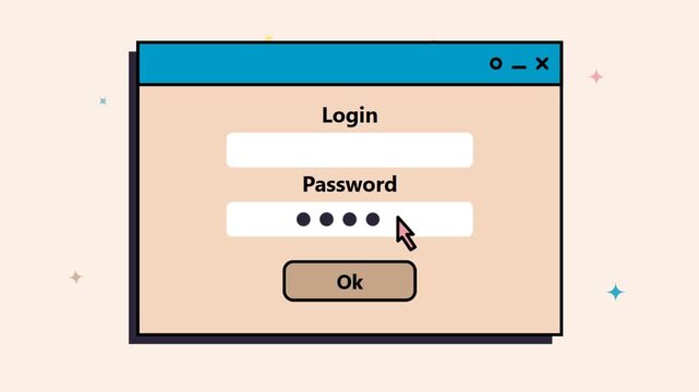 Retro computer login form animation with typing password and cursor
