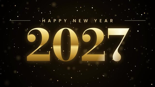 Happy New Year 2027 in gold numerals with drifting gold dust on black, seamless loop