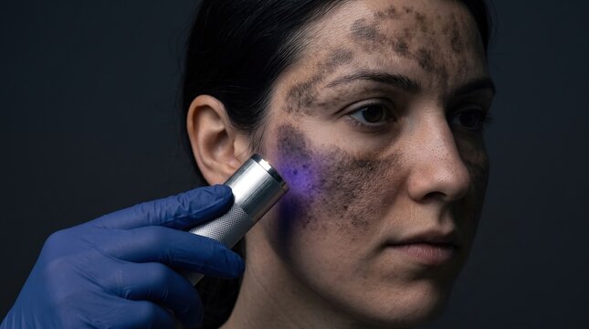 Doctor in gloves using dermatoscope to examine severe hyperpigmentation or Nevus of Ota on woman's face