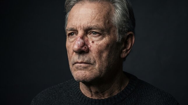 Close-up of an elderly man with a prominent skin tumor or basal cell carcinoma on his nose