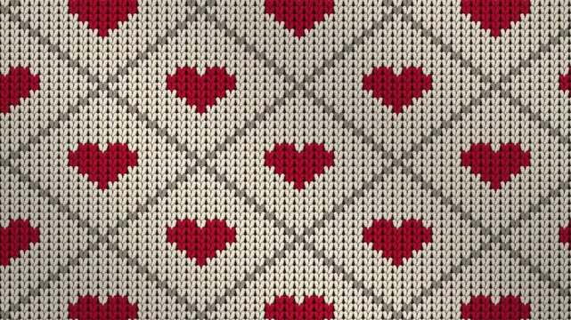 Knitted argyle pattern with red hearts on cream wool moving diagonally, seamless loop