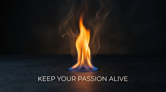 Fiery passion flame burning intensely on dark background, symbolizing motivation and inspiration