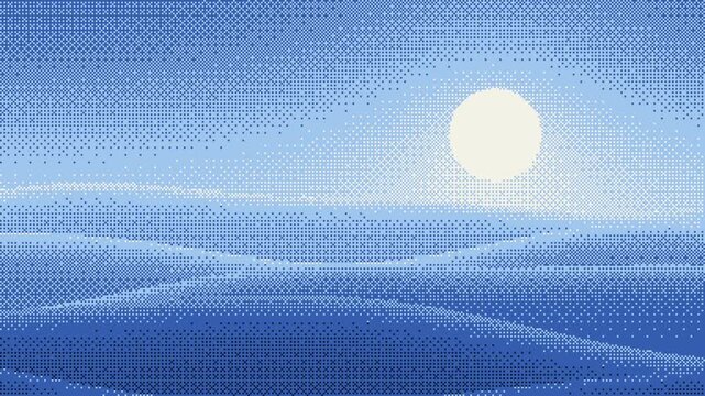 Dithered pixel art dunes rolling under a pale sun in blue tones, seamless loop