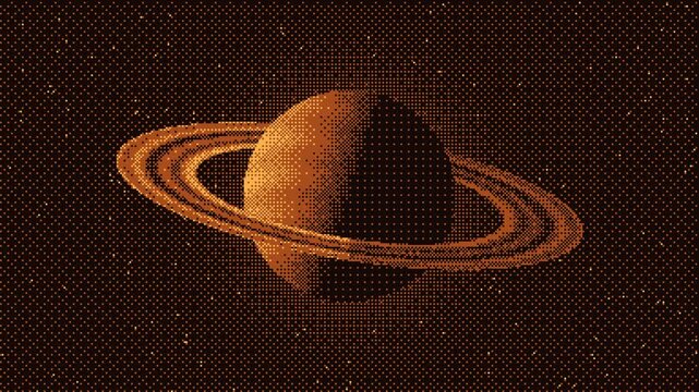 Dithered ringed planet in amber on black with light orbiting around it, seamless loop