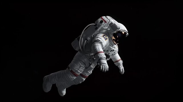 floating astronaut in white spacesuit isolated in dark space cinematic video