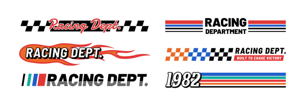 Vintage racing typography vector set featuring Racing Dept. lettering, checkered flags, speed stripes, and flames perfect for motorsport branding, apparel, posters