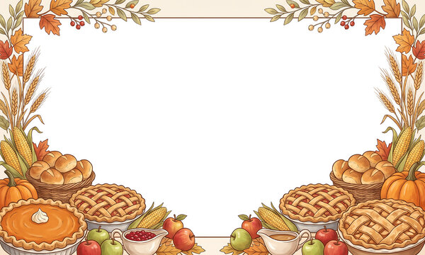 Thanksgiving harvest frame with pumpkin pie and autumn food