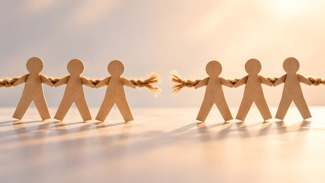 paper figures connected by a frayed snapping rope demonstrating concepts of breaking ties relationship breakdown tension and failing corporate teamwork