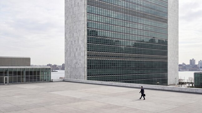 Businessman Walking Across Minimalist Modern Plaza