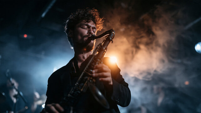Saxophonist Performing on Stage with Dramatic Lighting