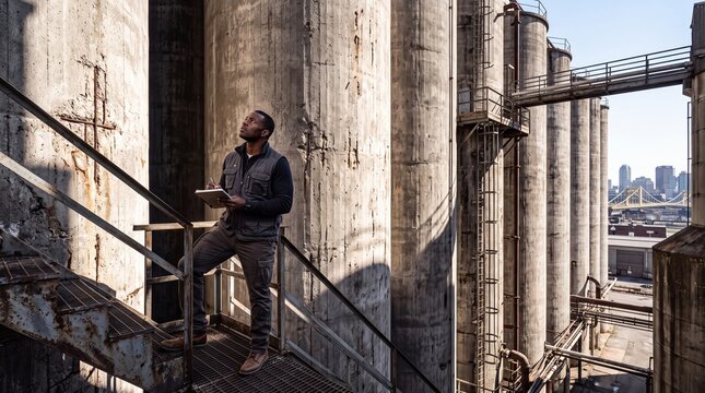 Worker on Industrial Staircase Overlooking City Skyline