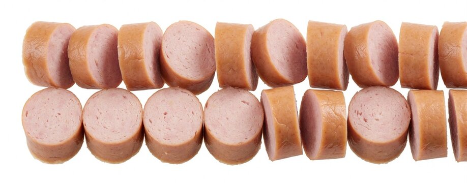 Slices of pork sausage arranged in two rows on white background. Raw meat pieces of frankfurter hot dog look fresh, delicious. Food ingredients for breakfast, snack BBQ meal. Close up view of deli
