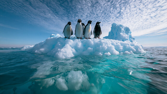 Emperor Penguins Standing on Melting Iceberg in Ocean