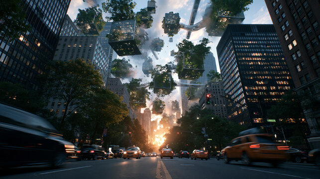 Floating Islands Above Urban Street at Sunset