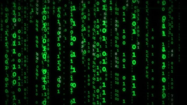 Matrix Code Rain Falling Animation in Green on Black Background, Glowing Digital Characters, Cyberpunk Hacker Code, Computer Programming, Data Stream, Cybersecurity and Futuristic Technology