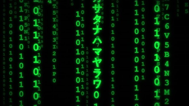 Matrix Code Rain Falling Animation in Green on Black Background, Glowing Digital Characters, Cyberpunk Hacker Code, Computer Programming, Data Stream, Cybersecurity and Futuristic Technology