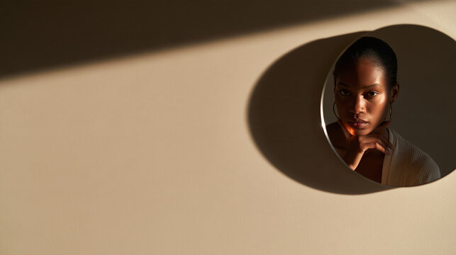 Woman Peering Through Circular Opening in Wall